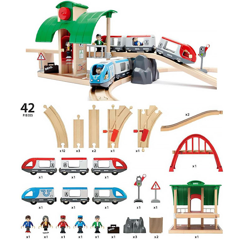 BRIO ブリオ トラベルレールセット 33512 全42ピース 電動列車 手動列車 2階建て駅 エレベーター 吊り橋 木製レール 3歳