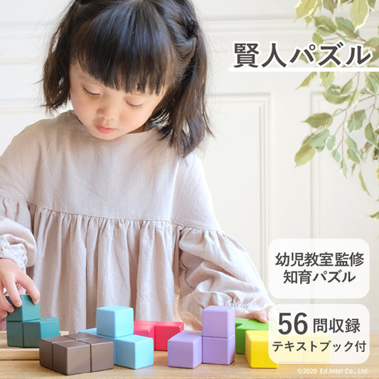 立体パズル 木製 3歳 賢人パズル 802595 エドインター 7ピース 56問 テキストブック付き 脳トレ 子供 大人 木のおもちゃ 誕生日プレゼント