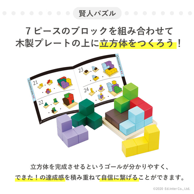 立体パズル 木製 3歳 賢人パズル 802595 エドインター 7ピース 56問 テキストブック付き 脳トレ 子供 大人 木のおもちゃ 誕生日プレゼント